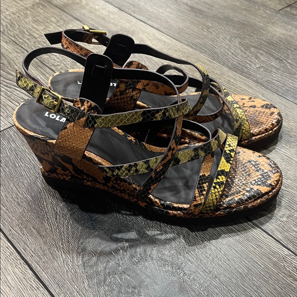 Lola Exotic Wedge Sandals - Brown and Yellow
